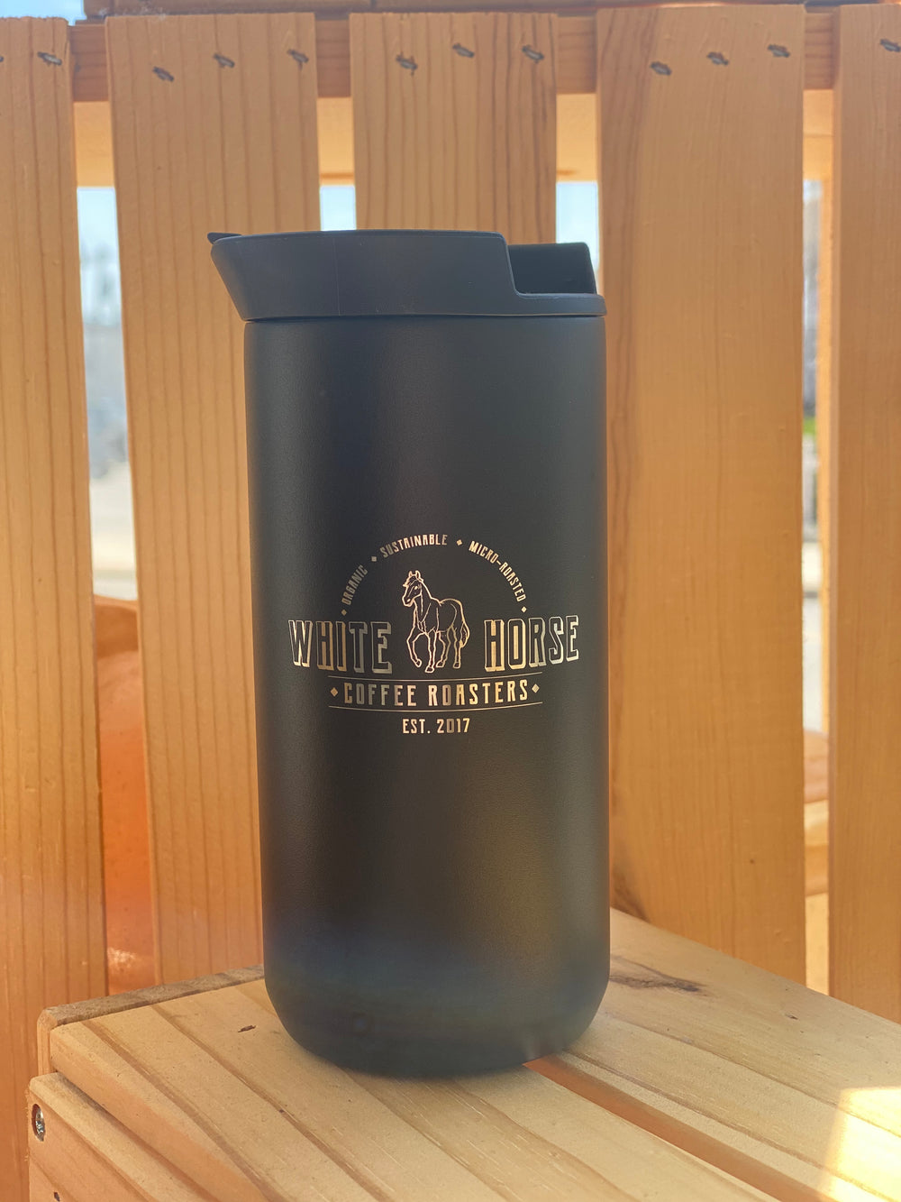 White Horse 12oz Engraved Tumbler Premium - Sip in style with our coffee shop franchise-branded mugs, perfect for your morning brew, from White Horse Coffee Roasters.